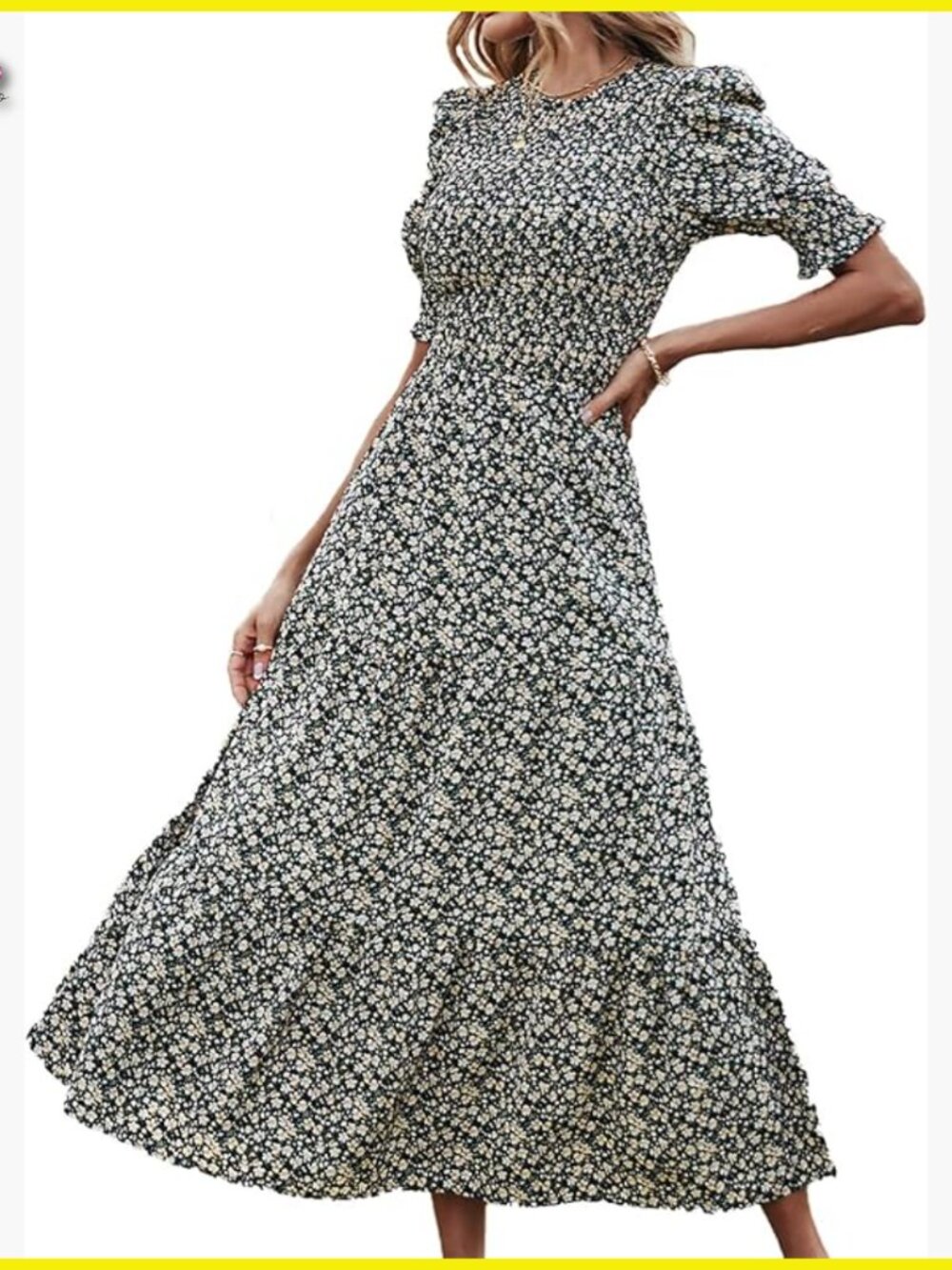 Boho Maxi Dress Flowy Smocked Bust Tiered Puff Sleeve Casual Summer Beach